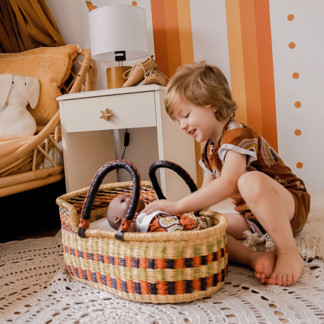Handwoven Doll Basket - Natural Net with Tan Handles