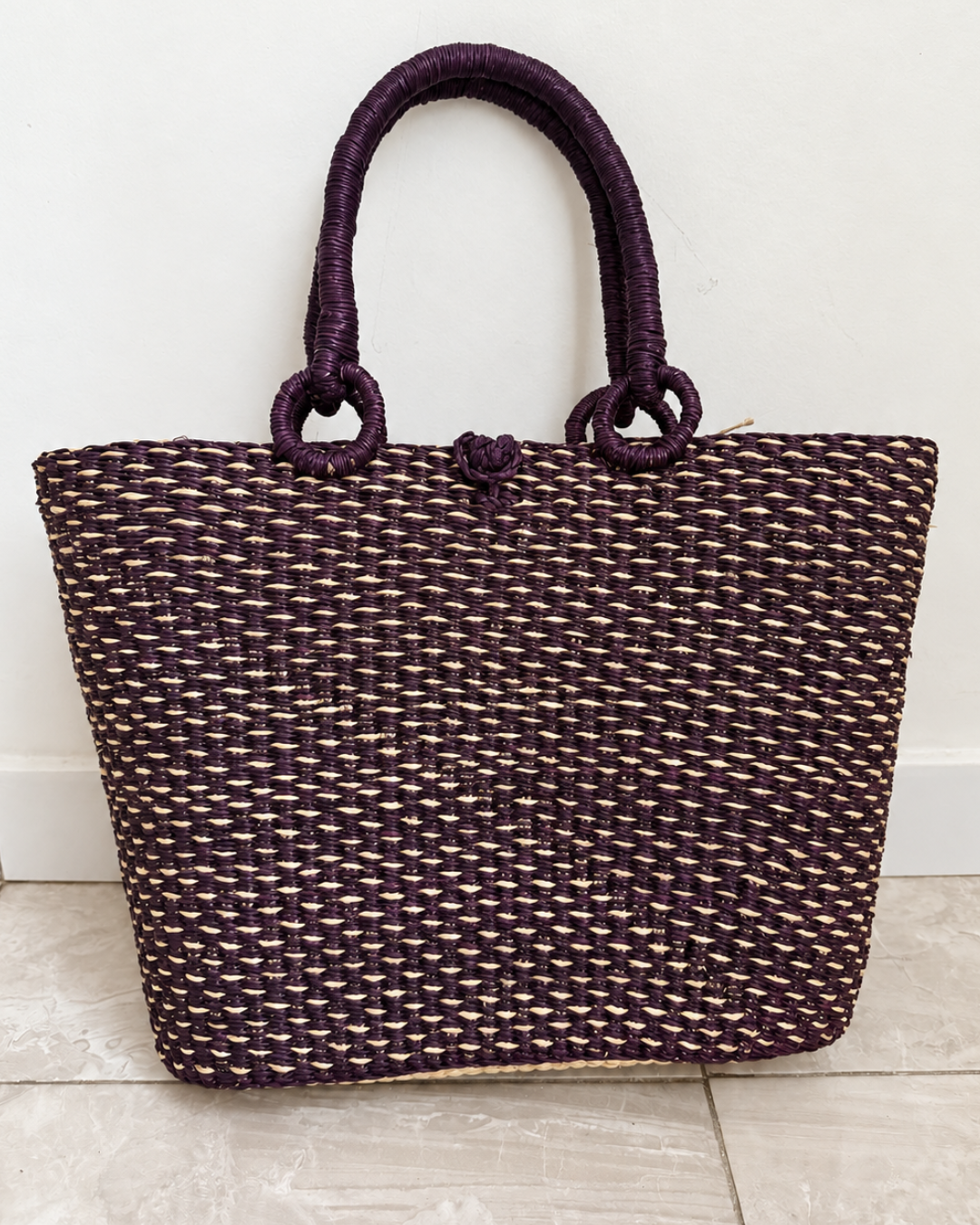 Woven Straw Tote Bag - Plum