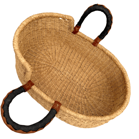 Handwoven Doll Basket - Natural with Black/Tan Handles
