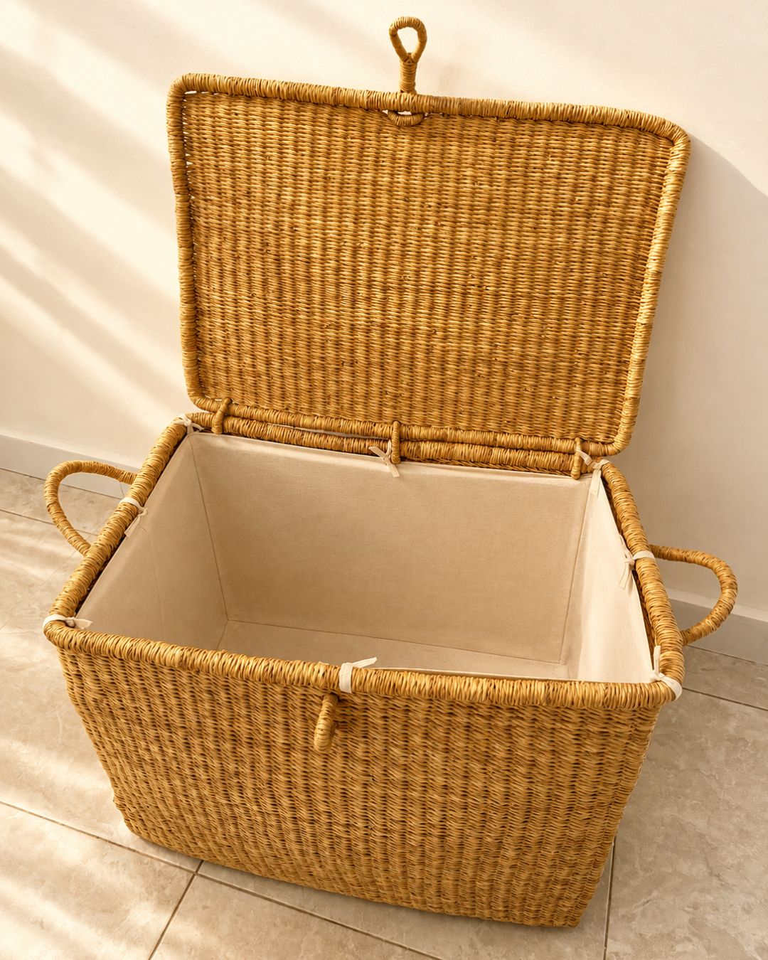 Handwoven chest storage basket with removable fabric liner and lid