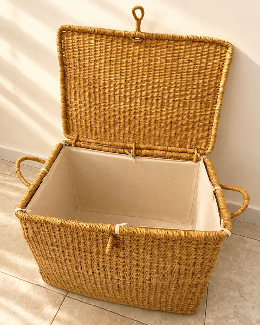 Handwoven chest storage basket with removable fabric liner and lid