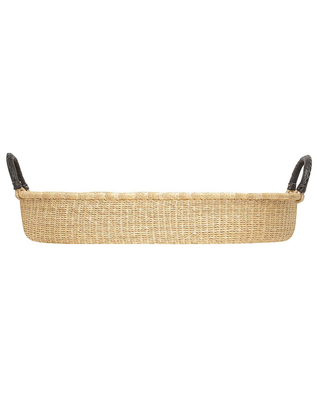 A natural woven seagrass or straw basket with dark gray handles on both ends, shown against a plain white background.