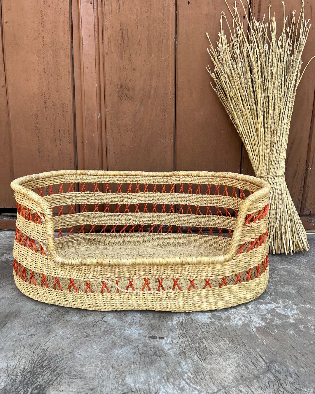 Dog Basket - Natural with Orange Net