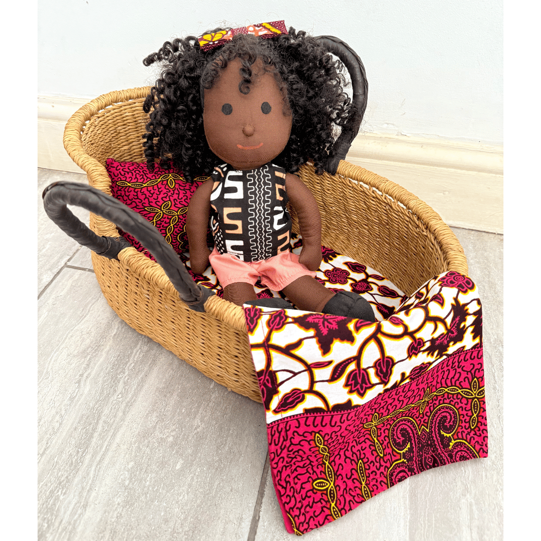 Handwoven Doll Basket - Natural with Black Handles