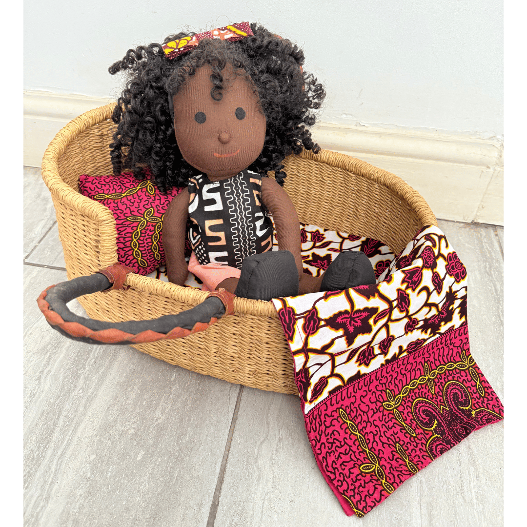 Handwoven Doll Basket - Natural with Black/Tan Handles