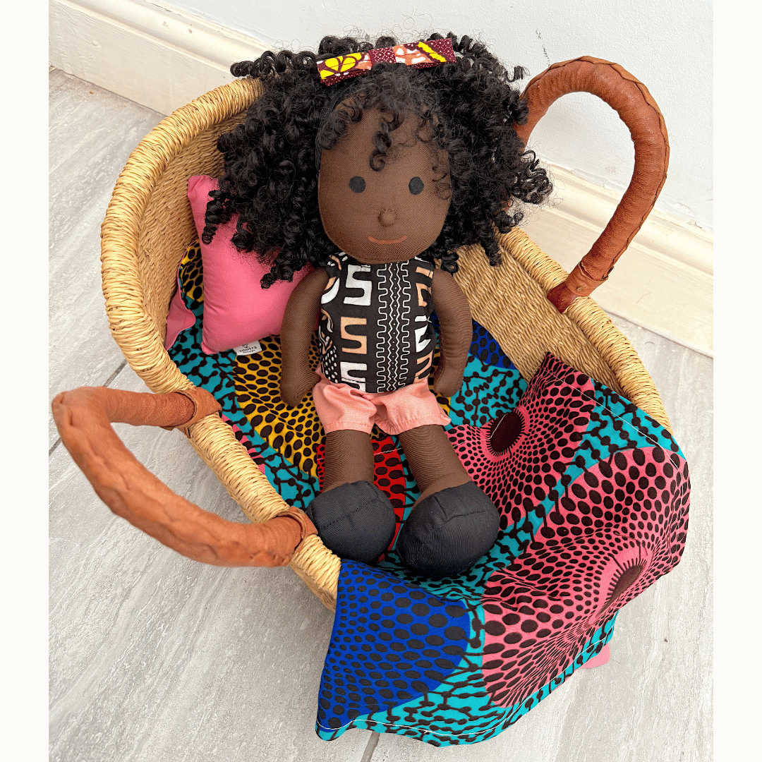 Handwoven Doll Basket - Natural with Tan Handles
