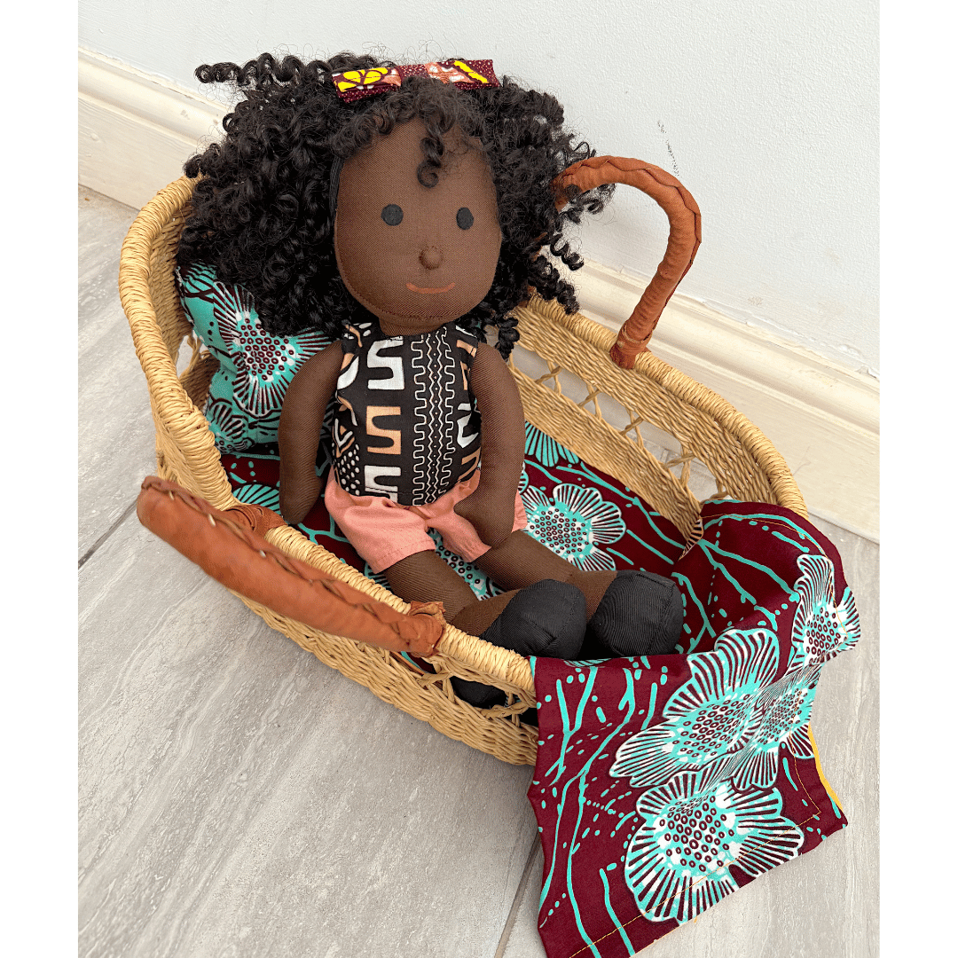 Handwoven Doll Basket - Natural Net with Tan Handles