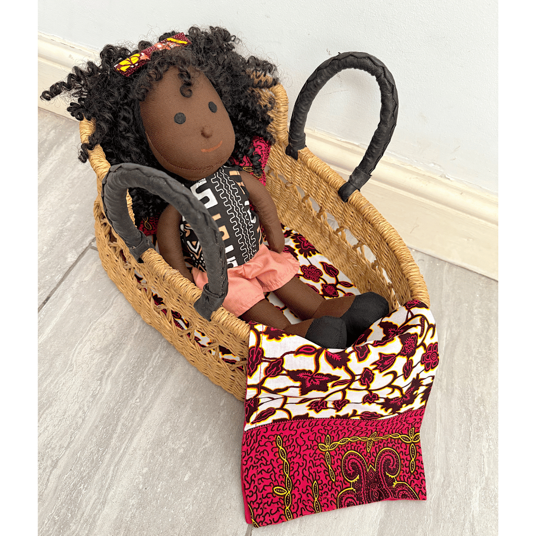 Handwoven Doll Basket - Natural Net with Black Handles