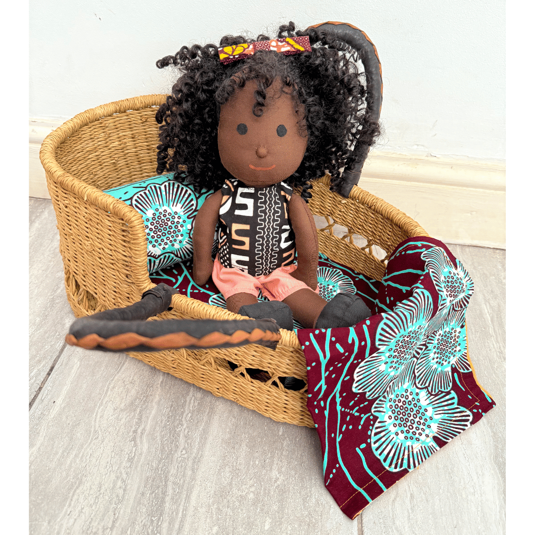 Handwoven Doll Basket - Natural Net with Black/Cream Handles