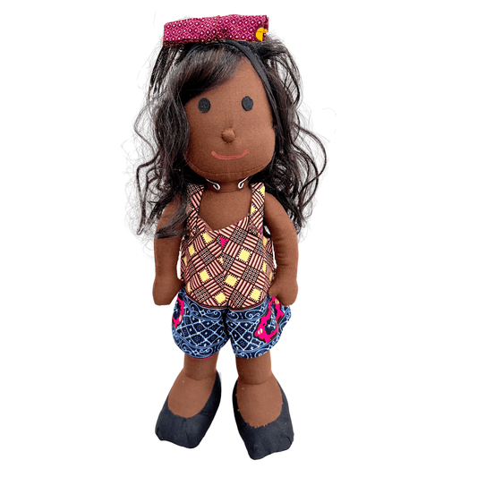 Black doll with patterned top and shorts and black curly hair