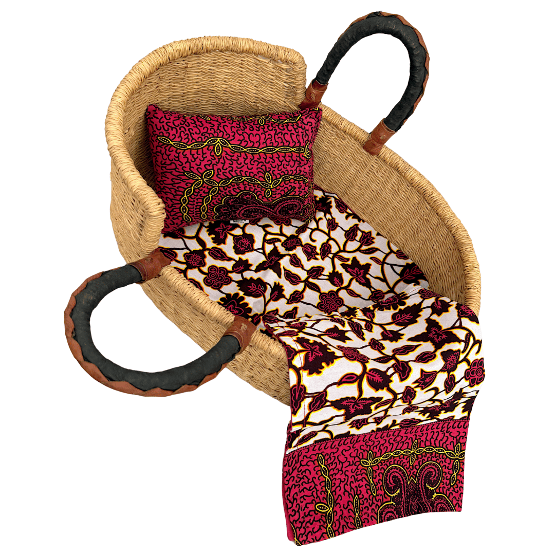 Handwoven Doll Basket - Natural with Black/Tan Handles