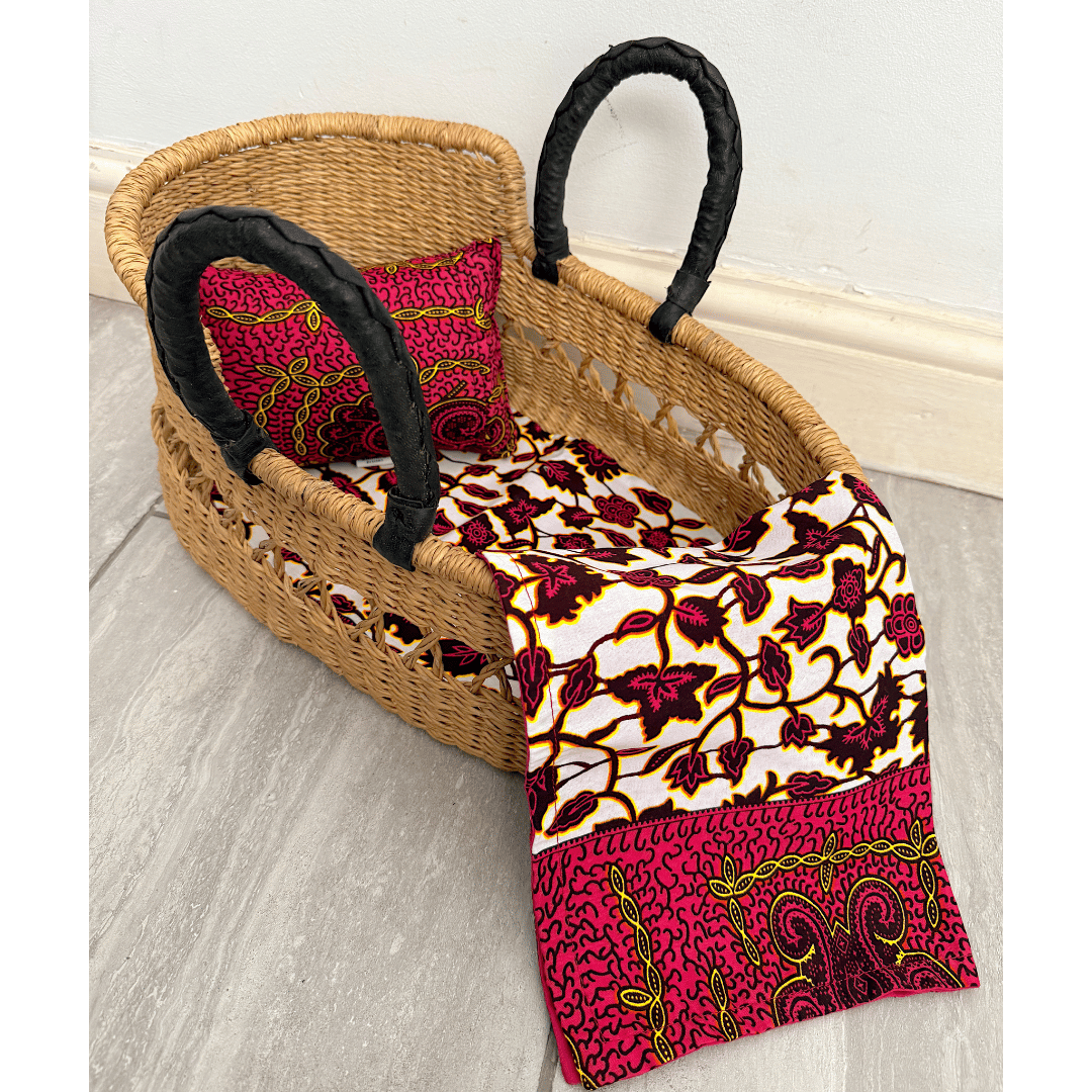 Handwoven Doll Basket - Natural Net with Black Handles
