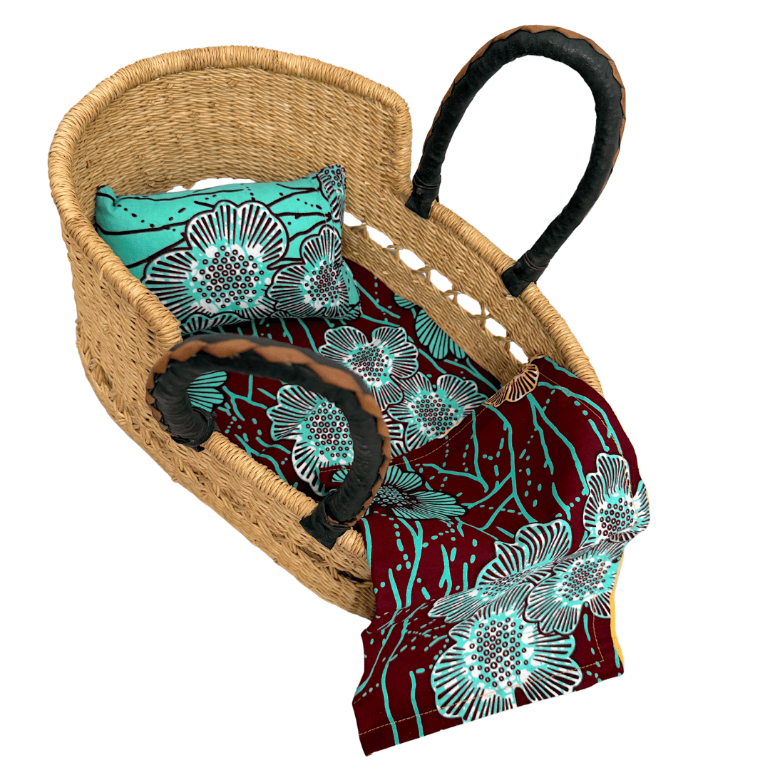 Handwoven Doll Basket - Natural Net with Black/Cream Handles