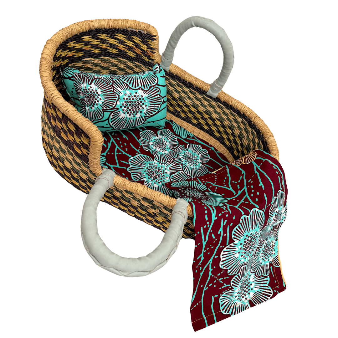 Handwoven Doll Basket - Black/Green/Yellow Design