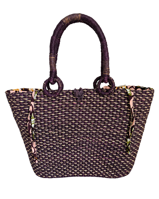 Woven Straw Tote Bag - Plum