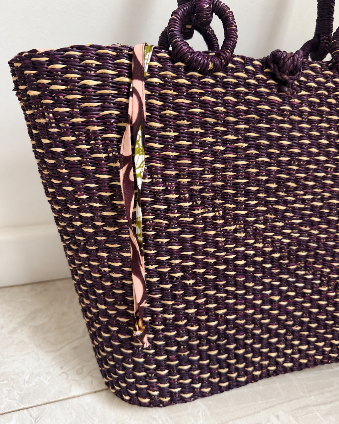 Woven Straw Tote Bag - Plum