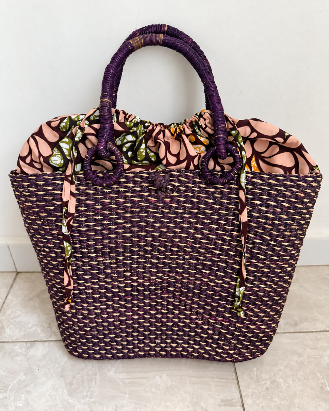 Woven Straw Tote Bag - Plum