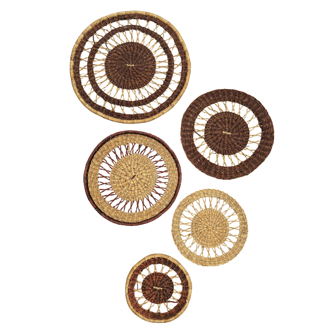 Set of five woven wall hangings in brown and beige on a white background