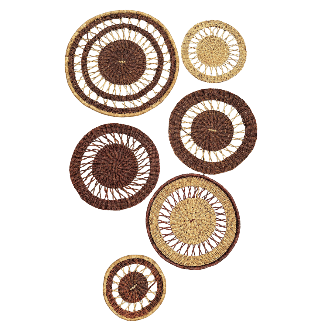 Set of woven round wall mats in brown and beige on a white background