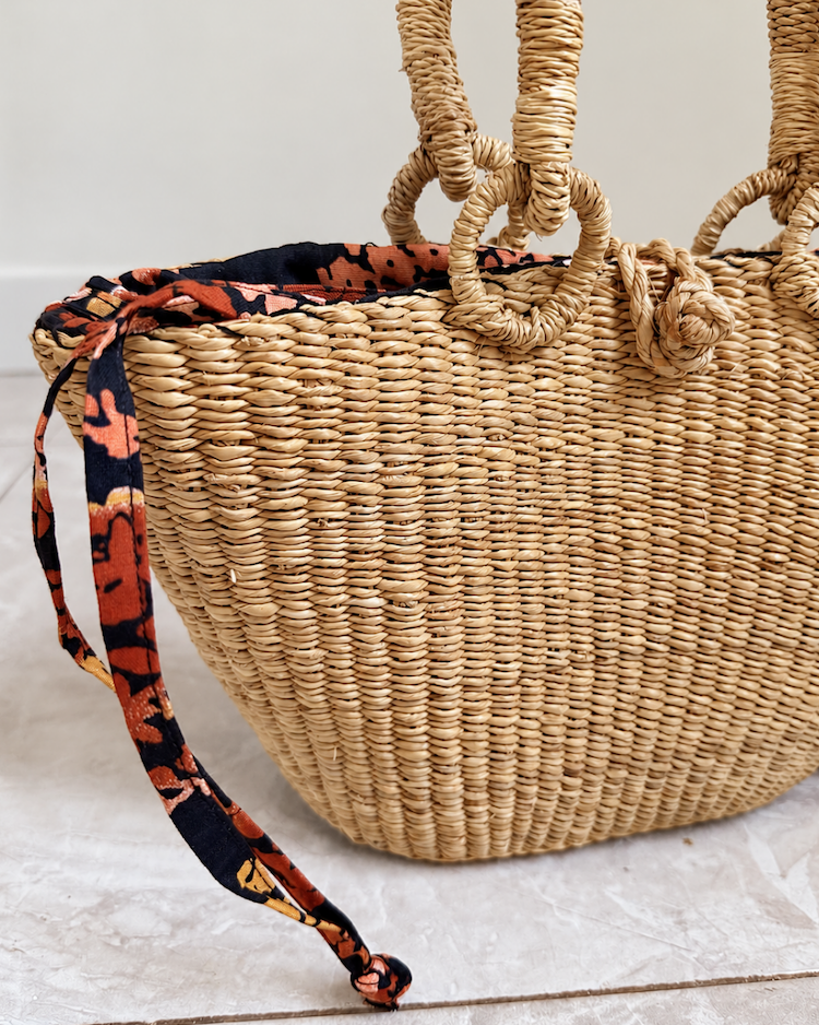 Close-up of the straw weave on the side of the handbag
