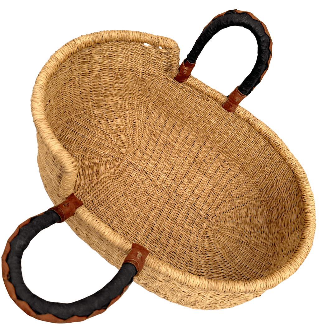 Handwoven Doll Basket - Natural with Black/Tan Handles