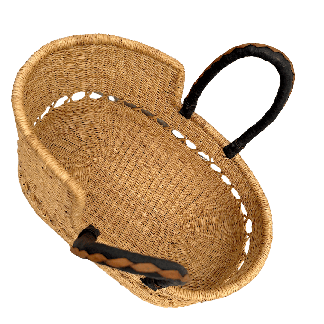 Handwoven Doll Basket - Natural Net with Black/Cream Handles