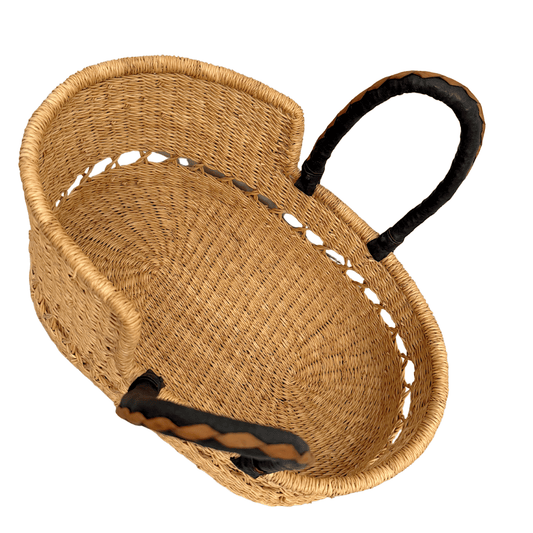 Handwoven Doll Basket - Natural Net with Black/Cream Handles