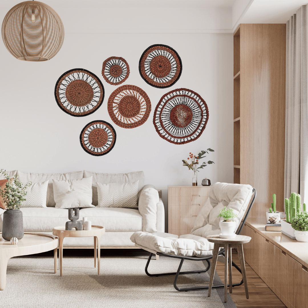 Modern living room with decorative wall art and furniture