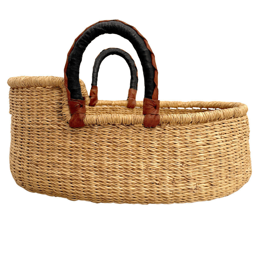 Handwoven Doll Basket - Natural with Black/Tan Handles