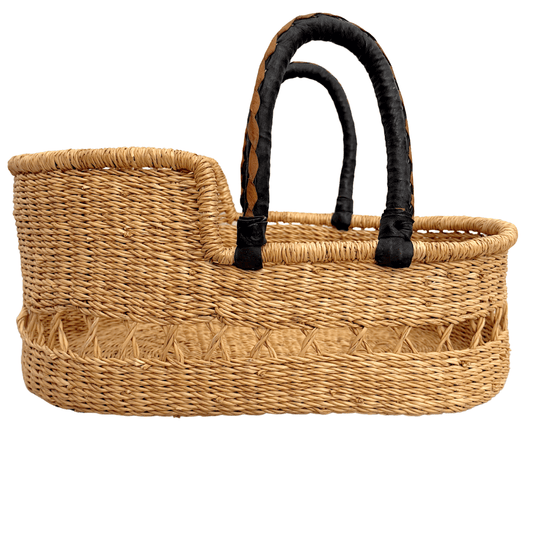 Handwoven Doll Basket - Natural Net with Black/Cream Handles
