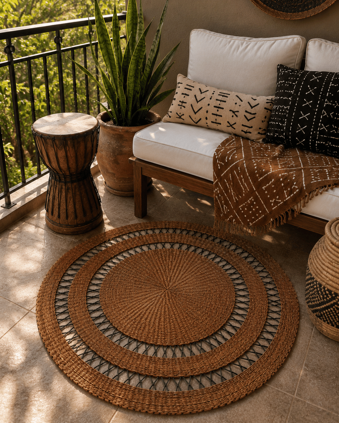 Handwoven Floor Rug - Ochre with Black Net (Made to Order)