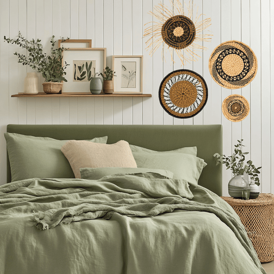 Bedroom with green bedding, decorative pillows, and wall art.