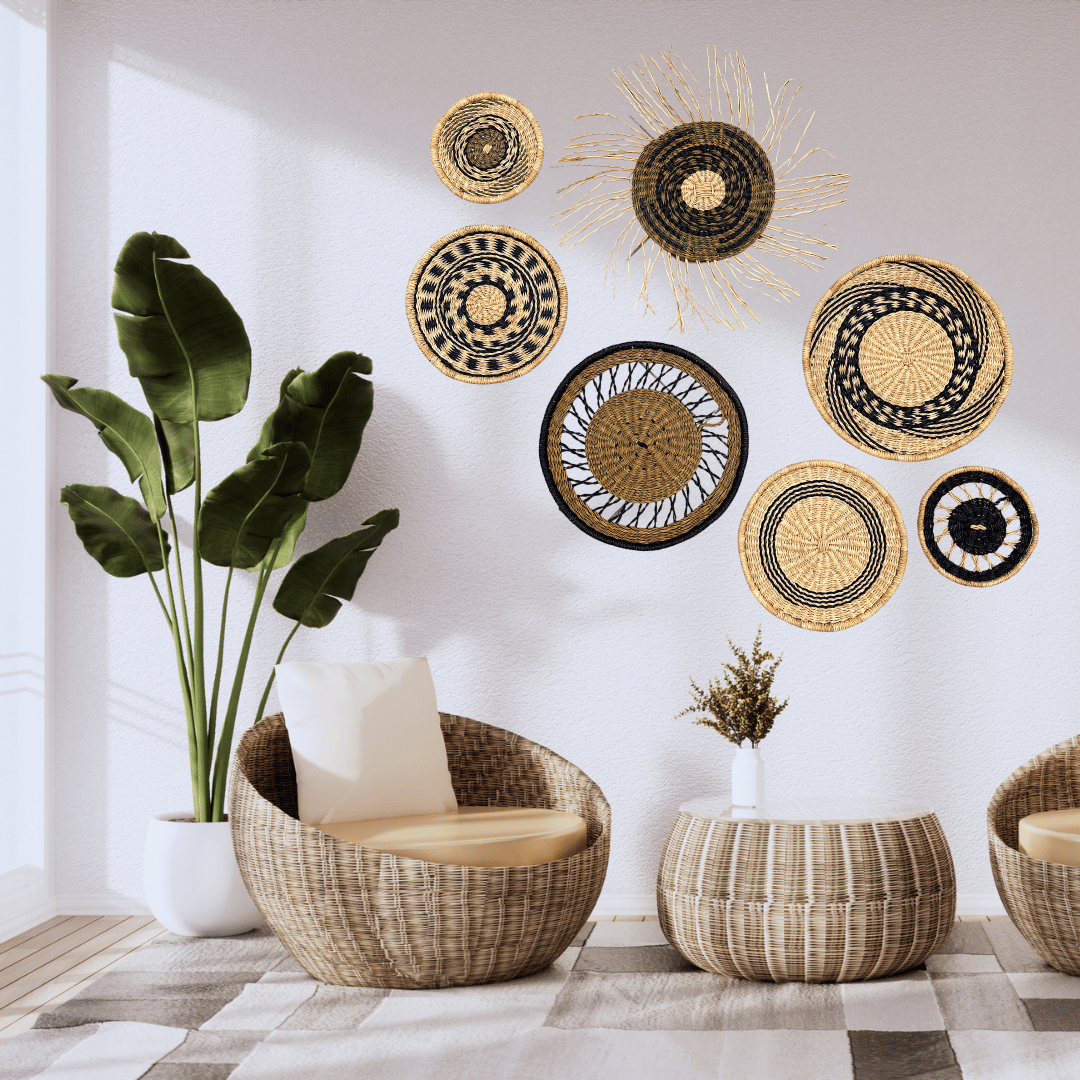Decorative wall art with woven baskets and plants in a room setting.
