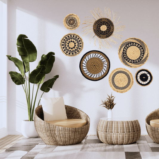 Decorative wall art with woven baskets and plants in a room setting.